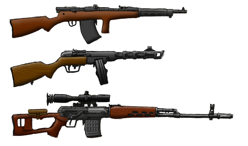 2 russian rifles and a submachine gun