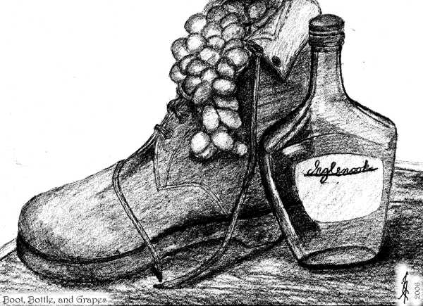 Boot, Bottle, and Grapes