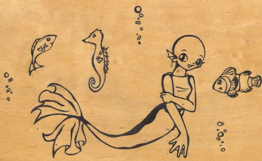 Mermaid, drawn and inked on wood