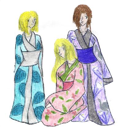 Larz, Del, and abbie wearing kimono-ish things